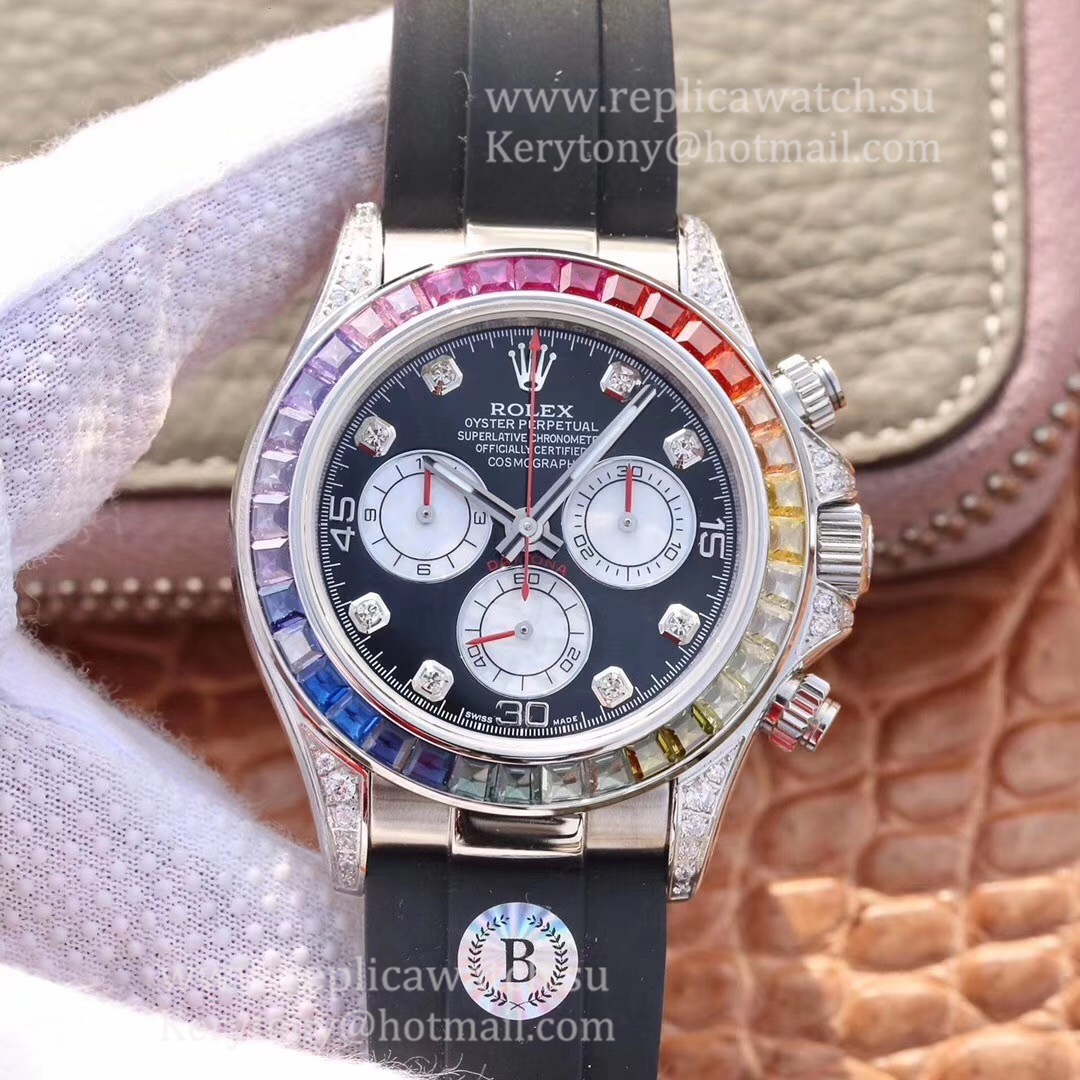 Perfect Replica R01ex Daytona  Rainbow 116599 RBOW BLF SS & D1am0nds Black Dial 4130